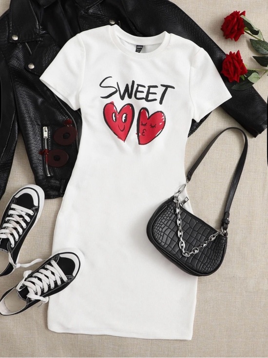 SHEIN Dresses & Skirts - SHEIN White Midi Dress with Red Heart Motif and SWEET Script